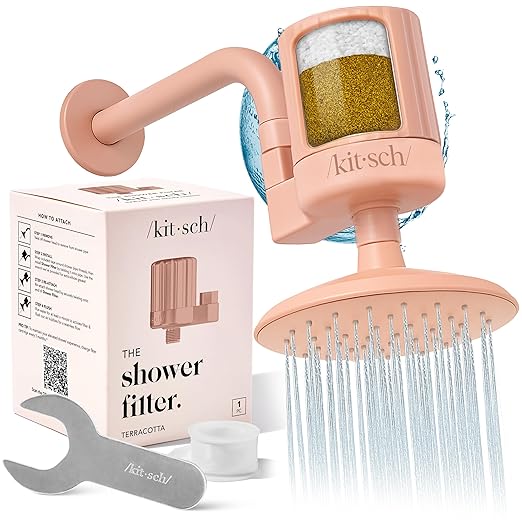 Kitsch Shower Head Filter for Hard Water – Shower Filter with KDF-55 & Calcium Sulfite, Helps Reduce Chlorine & Impurities, Water Softener - Bathroom Accessories for Healthier Hair & Skin - Terracotta