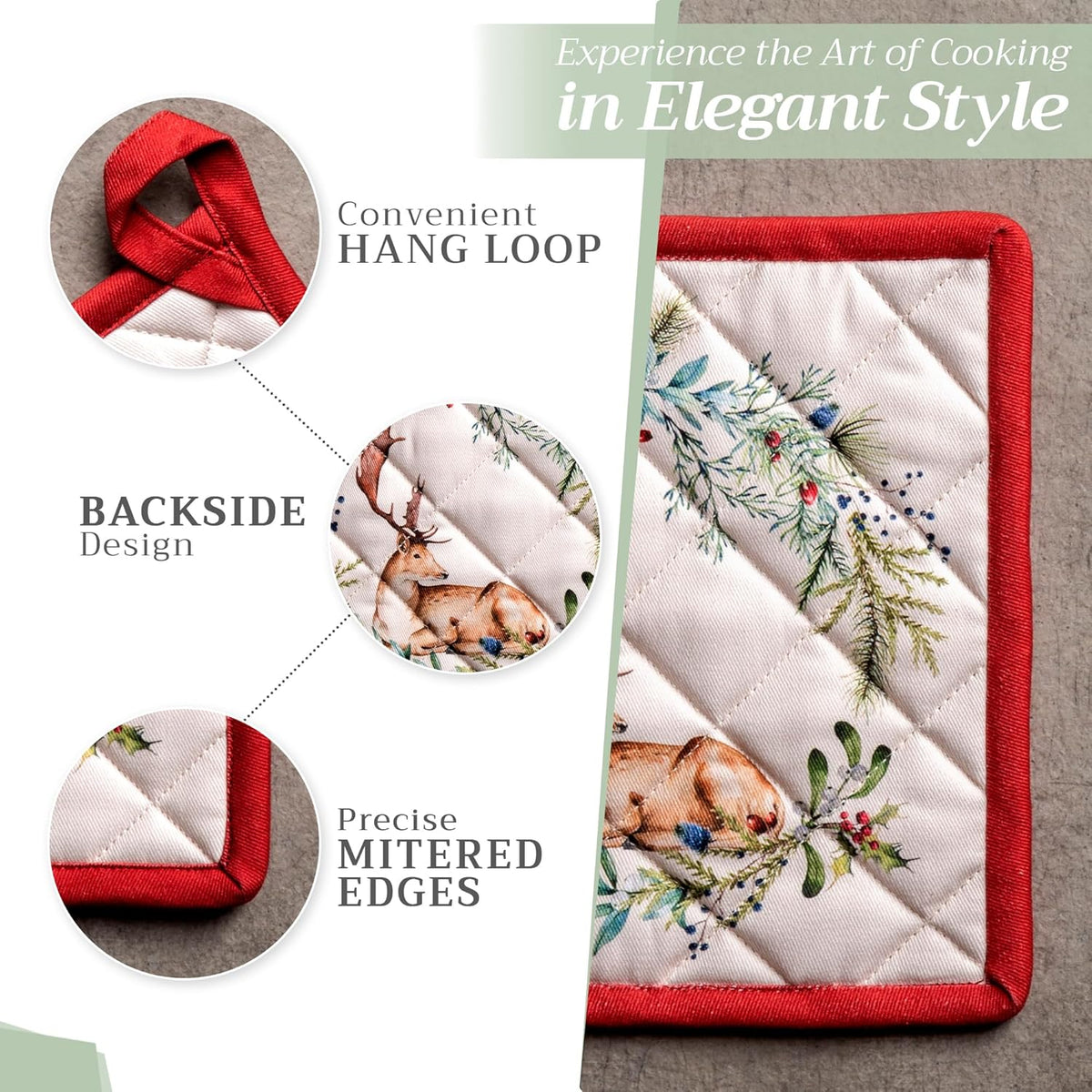 Maison d' Hermine 100% Cotton Oven Mitt & Pot Holder Set (7.5"x13" & 8"x8") Heat Resistant BBQ Cooking Gloves with Loop, Baking, Grilling, Kitchen, Handling Hot Pans (Holly Time)