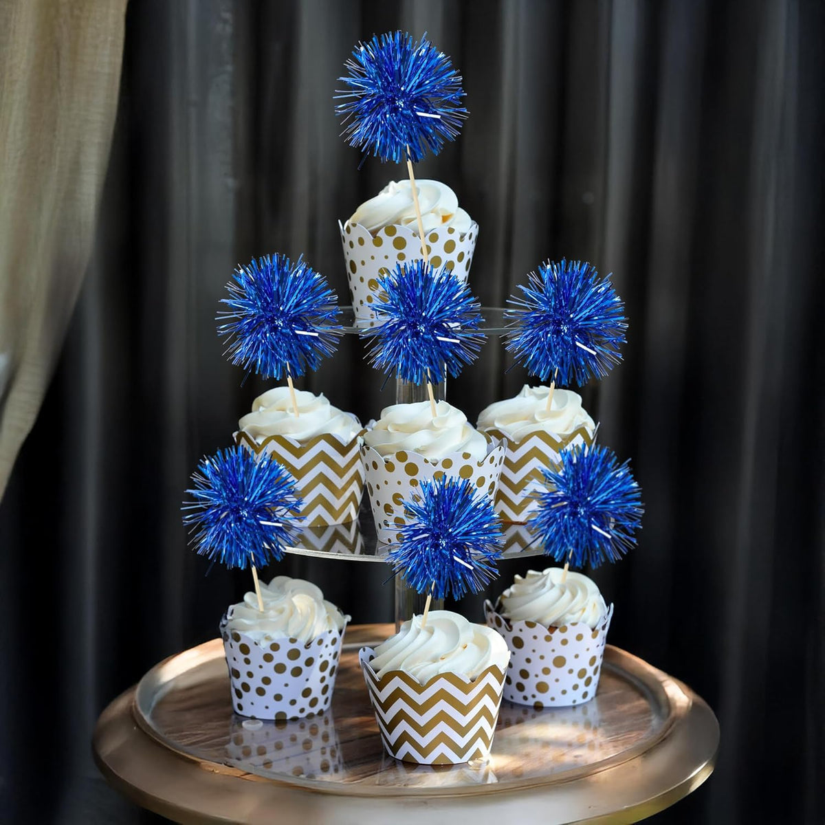 Ephlyn 30Pcs Foil Firework Cupcake Toppers Sparkles Fireworks Sticks Birthday Decorations Sparkle Tinsel Cocktail Fruit Toothpick for Birthday Wedding Graduation Party Cake Decorations Blue