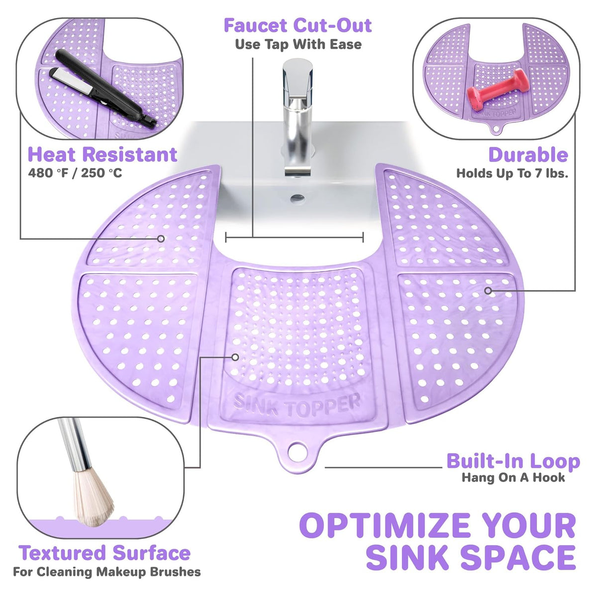 Sink Topper Bathroom Counter Cover & Storage Saver, Foldable Silicone Mat for Hot Tools, Hair Styling & Makeup, Beauty Brush Cleaning Mat, RV Camper Sink Cover & for Small Spaces (Standard Lavender)