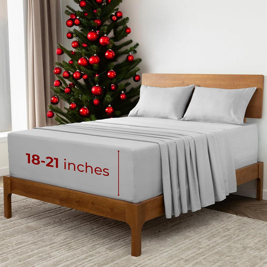 Mellanni Extra Deep King Sheets - 4 PC Iconic Collection Bedding - Hotel Luxury, Ultra Soft, Cooling Bed Sheets - Wrinkle, Fade, Stain Resistant (King, Light Gray)