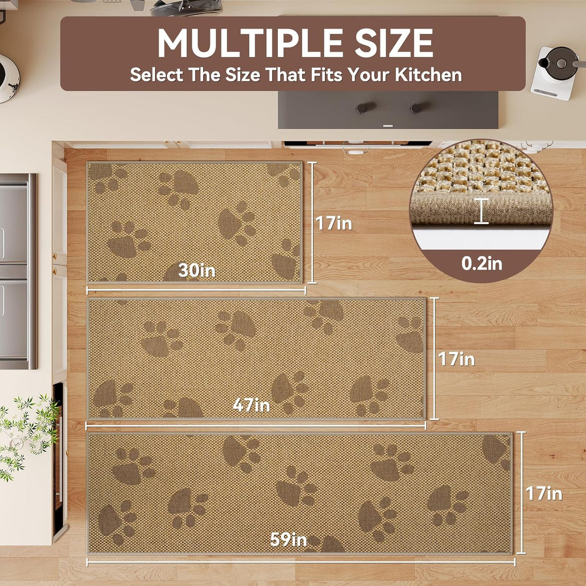 Kitchen Mats for Floor, Super Absorbent Kitchen Rugs Non Slip Washable, Rubber Backing Soft Woven Linen Embroidery Runner Rug, Standing Mat Kitchen Sink Mat, Easy to Clean, Brown 17x30