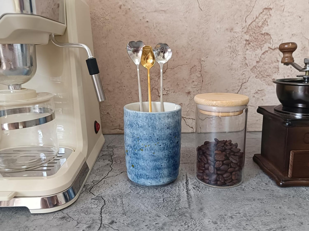 Stoneware Coffee Bar Utensil Holder Tea & Coffee Spoon & Stirrer Holder for Stir Stick Straw Teaspoon Holder Spoon Cup Small Utensil Jar (Sea blue)