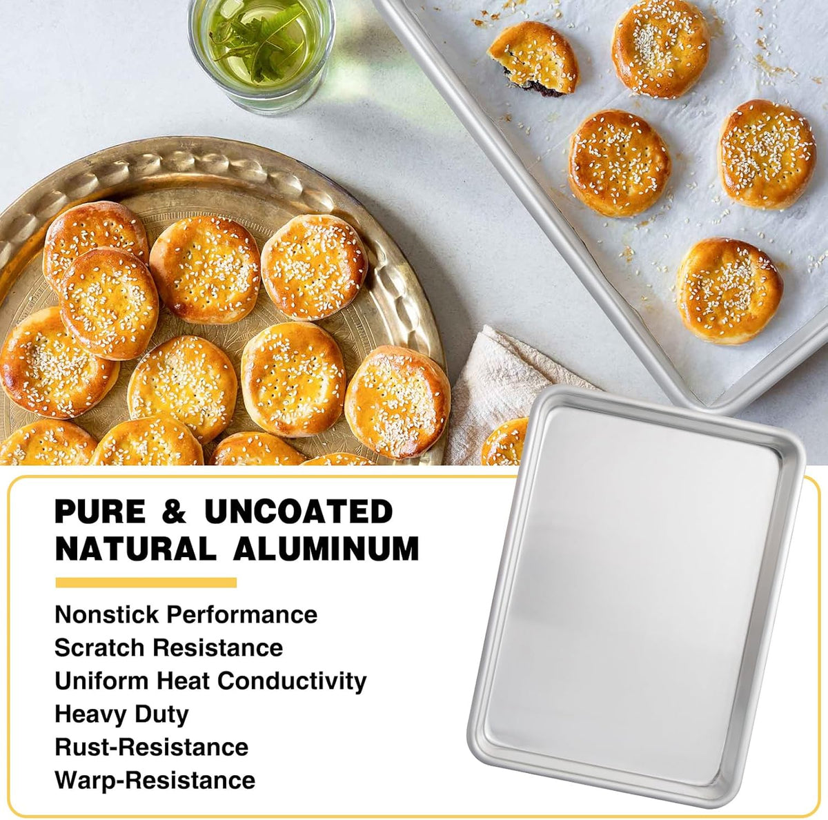Commercial Quality Baking Sheet Pan Set, Natural Aluminum Cookie Sheet, Umite Chef Encapsulated Galvanized Steel Rim Warp Resistant Baker's Quarter Sheet Pan, Cookie Tray Pans for Baking, Roasting