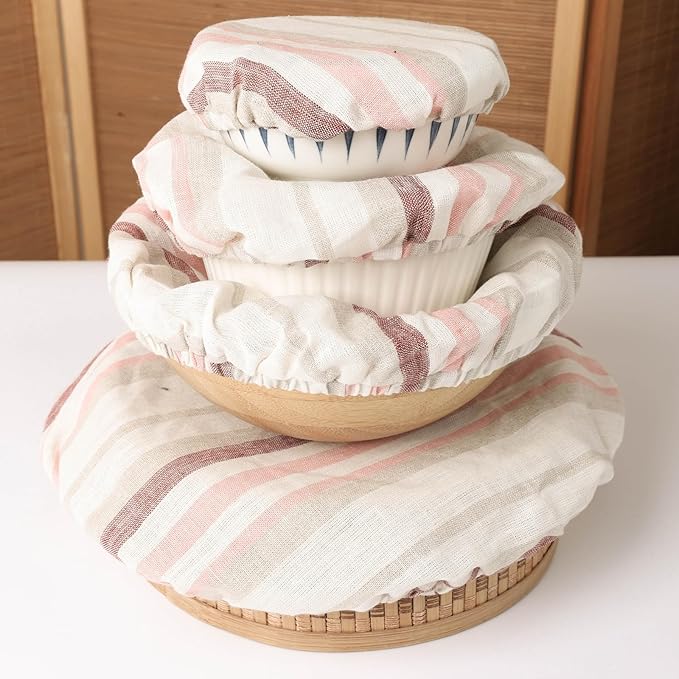 100% Linen Bowl Covers Reusable For Bread Proofing, 4 Pcs Elastic Cloth Fabric Colorful Stripe Bowl Covers, 5.9 * 7.9 * 9.8 * 11.8 Inches, Colorful 3