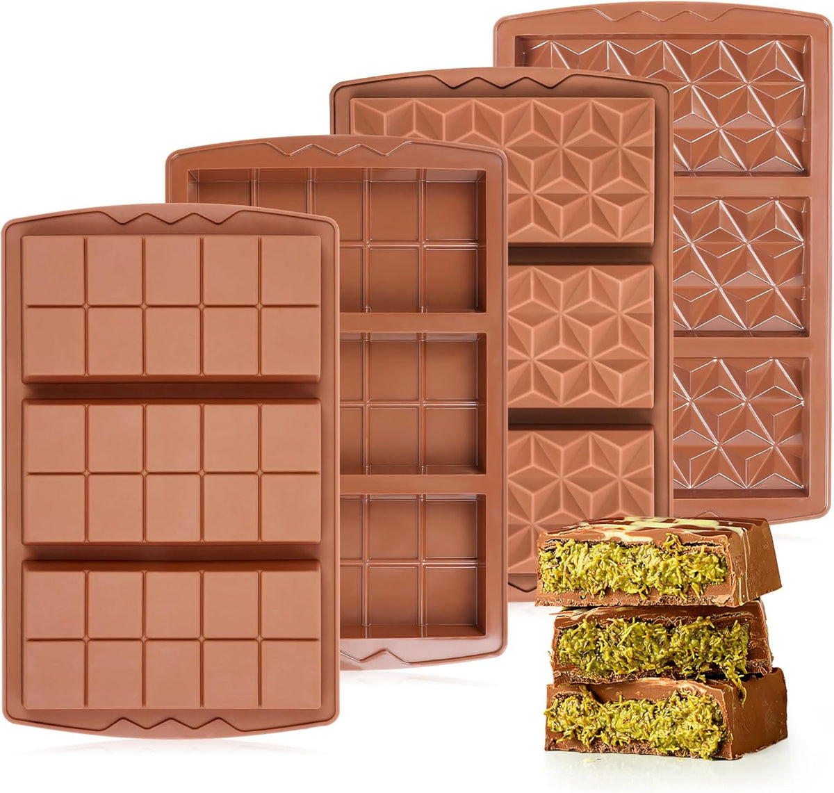 4 Pcs Chocolate Bar Mold Deep Dubai 0.85 Inch Stuffed Chocolate Molds Silicone Large Break Apart Silicone Molds (10 Snap + Pyramid)