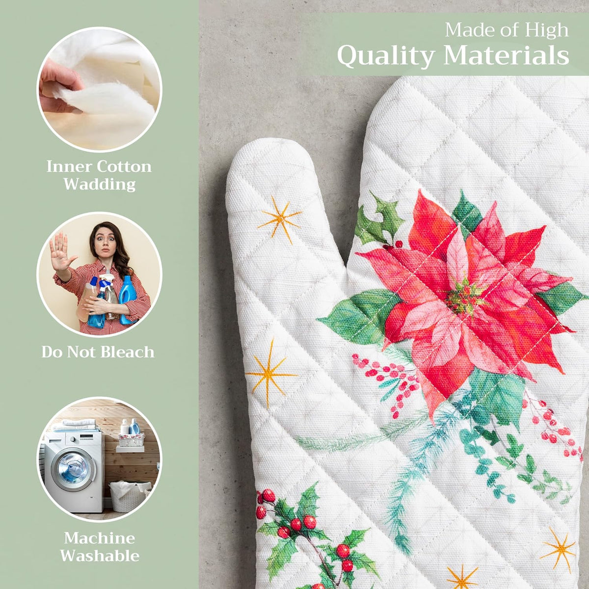 Maison d' Hermine Oven Gloves 100% Cotton Oven Mitt 7" x 13" with Loop Heat Resistant, BBQ, Cooking Gloves, Baking, Grilling, Kitchen, Handling Hot Pans (Pack of 1, Poinsettia Christmas)