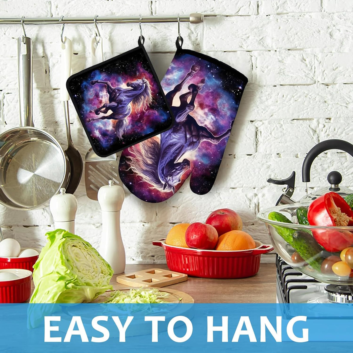 Horse Purple Galaxy Space Oven Mitts and Pot Holders Sets Heat Resistant 4Pcs Potholders Oven Gloves Hot Pads for Kitchen Baking Cooking Grilling BBQ
