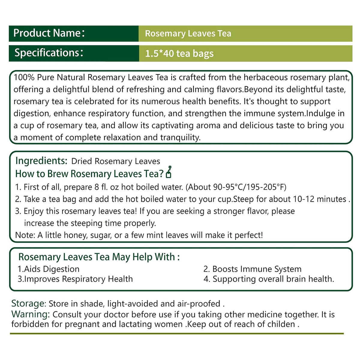 Samcci - Rosemary Tea, 40 Teabags, 1.5g/bag - Pure Dried Rosemary Leaves Tea Bags- Cultivated From Egypt - Non-GMO - Caffeine-free - Support Respiratory Health & Support Hair Growth