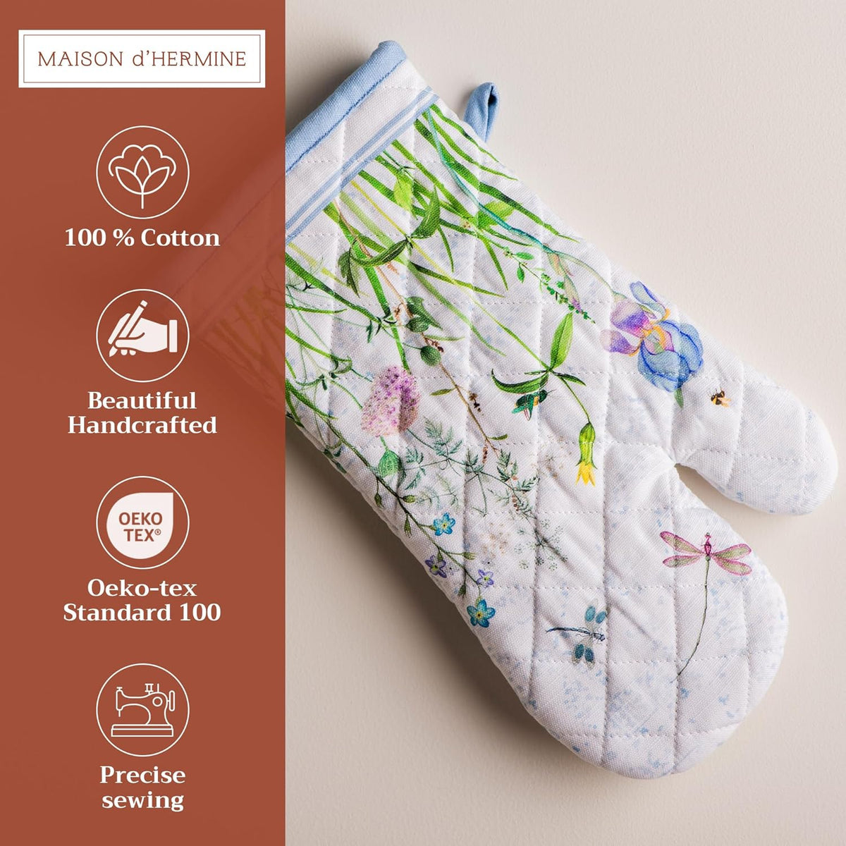 Maison d' Hermine Oven Gloves 100% Cotton Oven Mitt 7" x 13" with Loop Heat Resistant, BBQ, Cooking Gloves, Baking, Grilling, Kitchen, Handling Hot Pans Spring/Summer (Pack of 1, Fleurs De Mai)