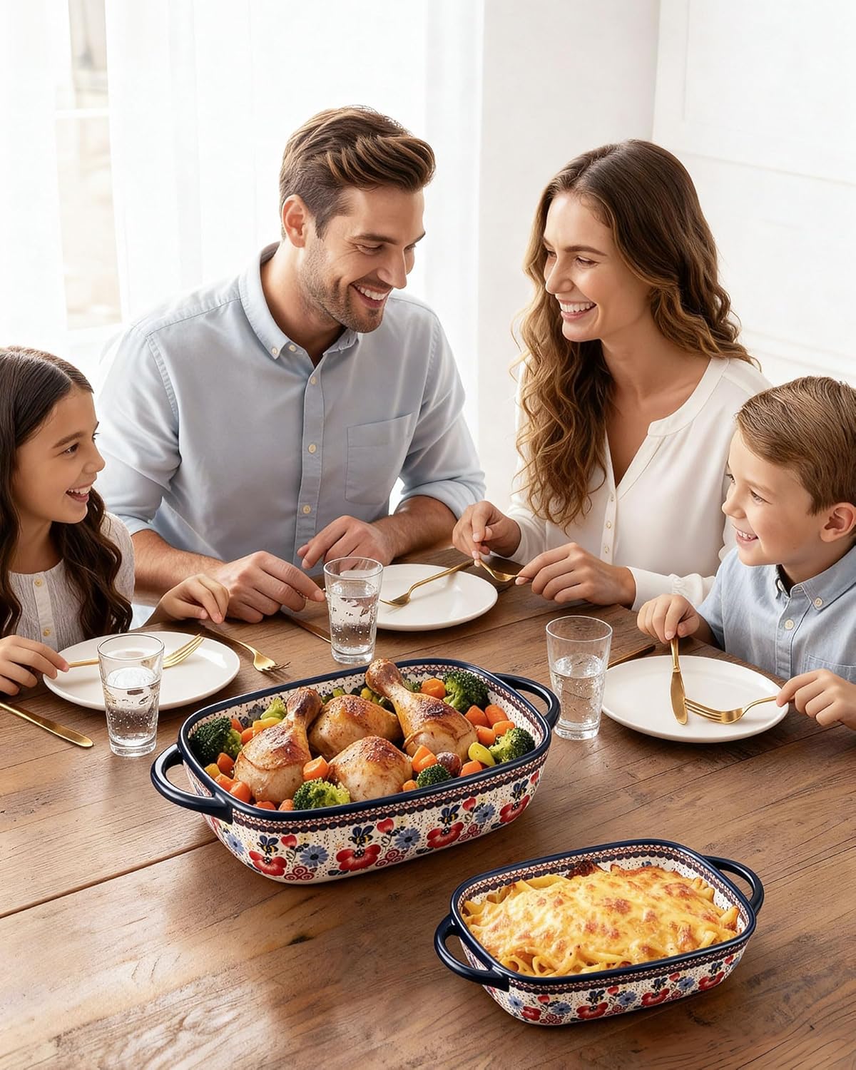 Polish Pottery Style Ceramic Baking Dish Set of 2 – Decorative Casserole Dishes with Handles, Cute Oven-Safe Lasagna Bakeware Gift Set