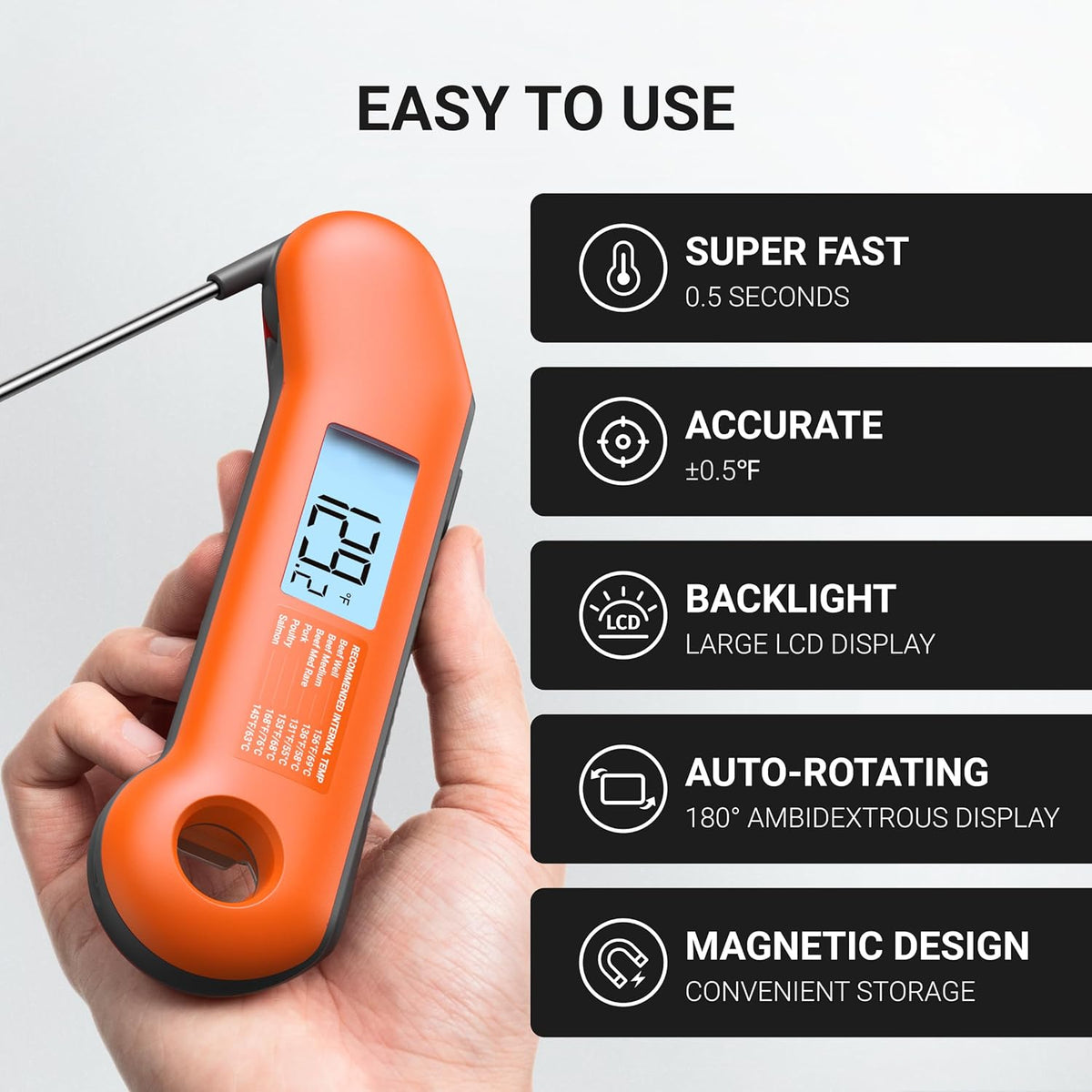 Professional Meat Thermometer Digital, Ultra-Fast 0.5 Sec Instant Read, NIST Certified ±0.5°F Accuracy, 100% Waterproof, Auto-Rotating Backlit Display, Lift-to-Wake, for BBQ/Candy, Orange&Gray