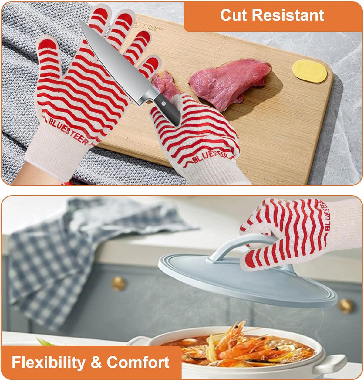 Oven Gloves 932°F Heat Resistant Oven Mitts with Fingers, Heat Proof BBQ Grill Gloves Silicone Grip Fireproof Gloves for Kitchen Cooking Grilling Baking