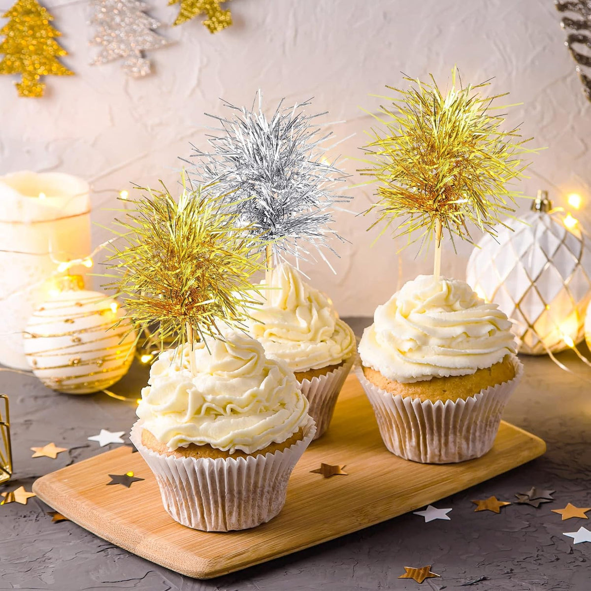 Chinco 100 Pcs Foil Firework Cupcake Toppers Sparkle Tinsel Cake Toppers Cake Decoration Cocktail Fruit Toothpick for Birthday Wedding Graduation Party(Gold, Silver)