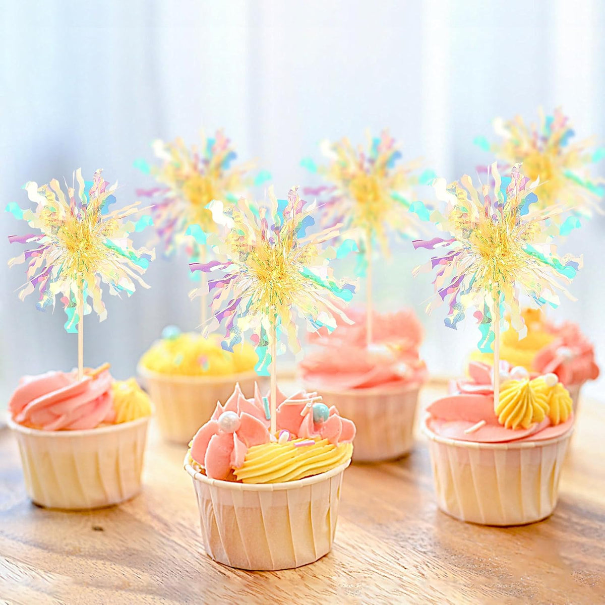 30 PCS Foil Firework Cupcake Toppers Sparkle Tinsel Cupcake Picks Happy Birthday Cake Decorations Drink Stirrers Cocktail Food Fruit Toothpicks for Baby Shower Graduation Party Supplies Yellow