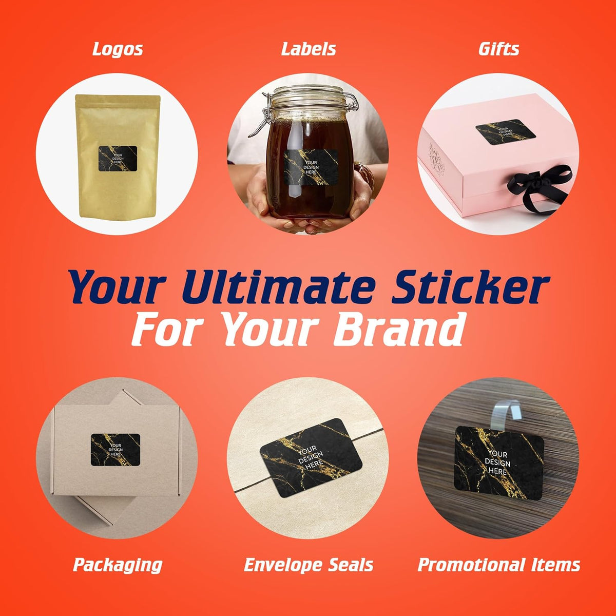 100 Custom Vinyl Stickers - Upload Your own Image, Text, Design, Logo - Personalized Logo Labels for Handmade, Packaging, Bottle, Jars, Candle, Brand Stickers (Black Gold Marble, 4x2)