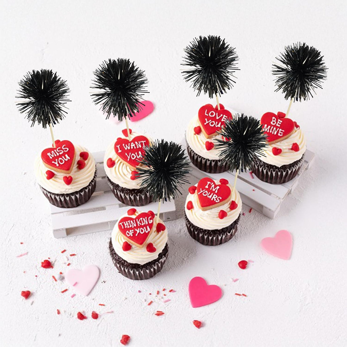 Ephlyn 30Pcs Foil Firework Cupcake Toppers Sparkle Tinsel Cupcake Picks Happy Birthday Cake Decorations Drink Stirrers Cocktail Food Fruit Toothpicks for Baby Shower Graduation Party Supplies Black