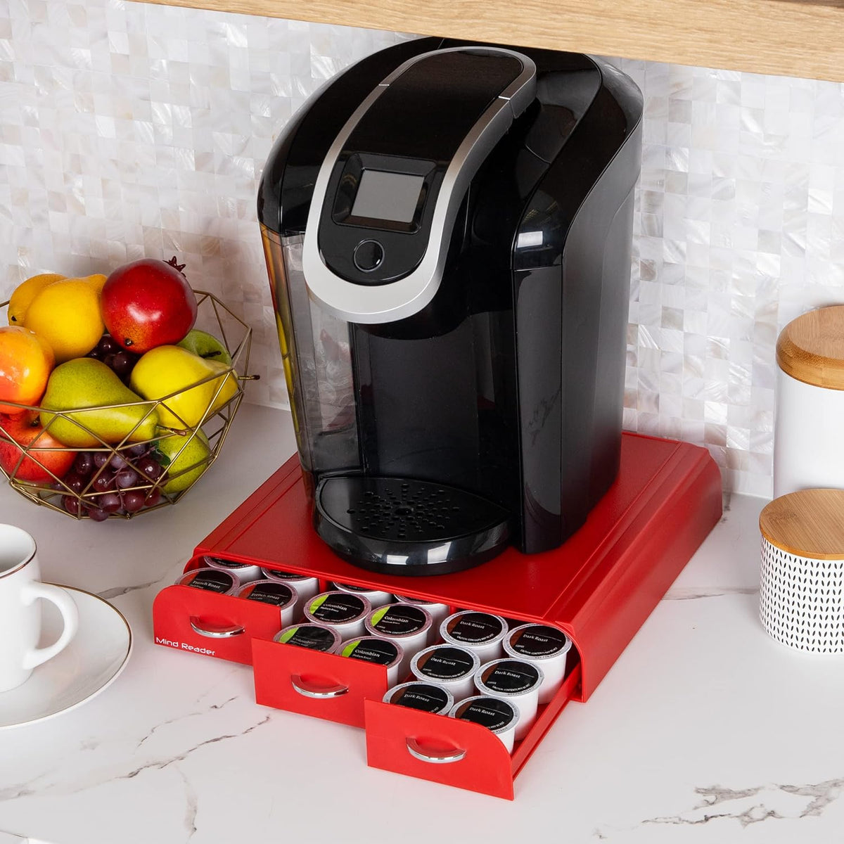 Mind Reader Single Serve Coffee Pod Organizer with 3 Drawers, 36 Pod Capacity, Countertop, 13.5"L x 12.25"W x 2.5"H, Red