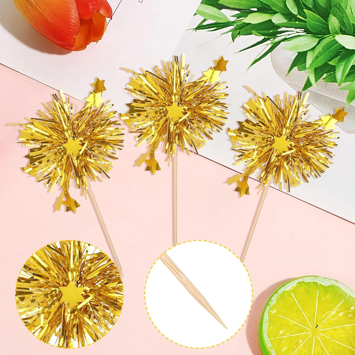 30 PCS Foil Firework Cupcake Toppers Star Cupcake Picks Sparkle Tinsel Flower Drink Stirrers Cocktail Food Fruit Toothpicks for Baby Shower Wedding Birthday Party Cake Decorations Supplies Gold