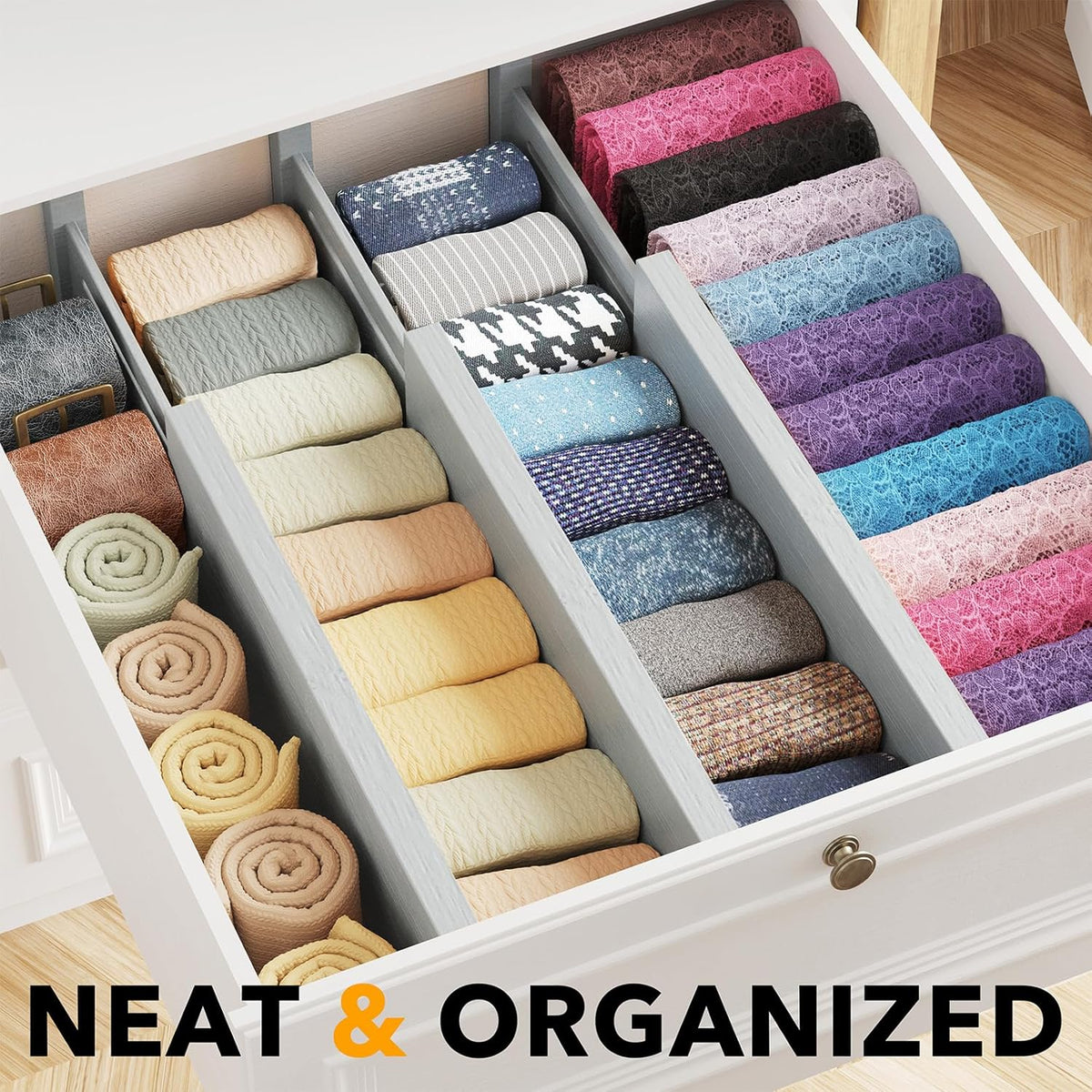 SpaceAid Bamboo Dresser Drawer Dividers 6 Pack, 4.65“ High Adjustable 12.5“-17” Drawer Organizers, Expandable Organization for Clothing, Clothes, Dressers, Gray