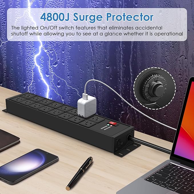 JUNNUJ Heavy Duty 20 Amp Power Strip 4800J, 16 Outlets 12 Gauge Garage Industrial Surge Protector, High Amp 5-15P Adapter Shop 6-20R T-Slot Metal Outlet, 6 FT Extension Cord Commercial for Appliance