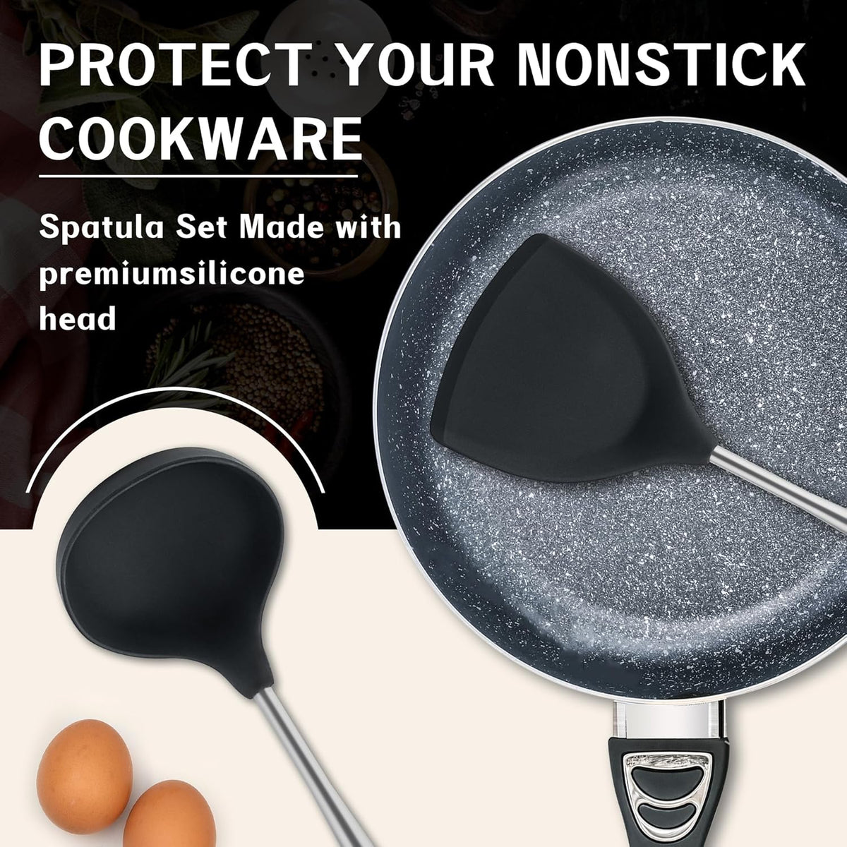 FJNATINH Silicone Wok Spatula and Ladle Set - Stainless Steel Wok Tools, Wok Utensil,Non Stick Heat-Resistant Cooking Utensils BPA Free Kitchen Utensils Cookware (Black Stainless Steel-2PCS)