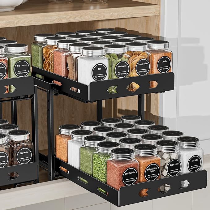 Pull Out Spice Racks for Inside Cabinets, 2-Tier Cabinet Spice Rack, Height Adjustable Spice Rack Organizer for Cabinet, Kitchen Vertical Spice Rack (9.7''Wx10.8''Dx9.2''H, Metal Black)