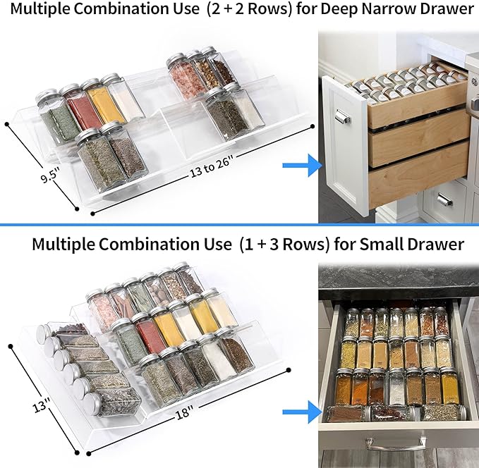 MIUKAA Clear Acrylic Spice Drawer Organizer, 4 Tier- 2 Set Expandable From 13" to 26" Drawer Seasoning Organizer, Kitchen Spice Rack Tray for Drawer/Countertop (Jars not included)