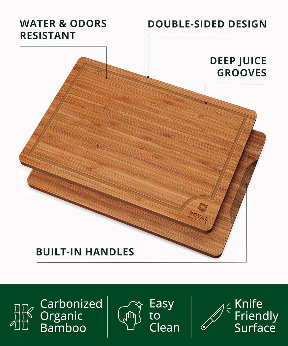 ROYAL CRAFT WOOD Wooden Cutting Boards for Kitchen Meal Prep & Serving - Bamboo Wood Serving Board Set with Deep Juice Groove Side Handles - Charcuterie & Chopping Butcher Block for Meat (3 Pcs)