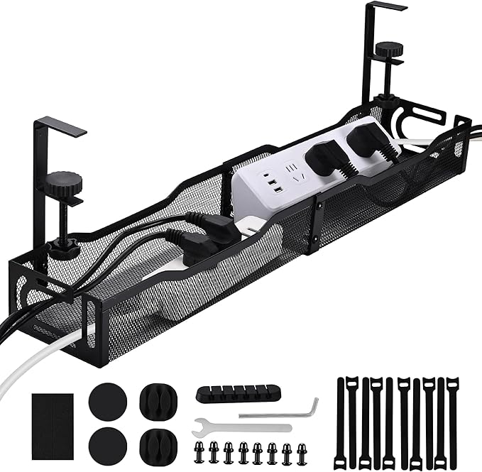 Clamp-On Under Desk Cable Management Tray – 25.3 Inch No Drill Metal Wire Organizer for Home Office & Standing Desk Setup (Black)
