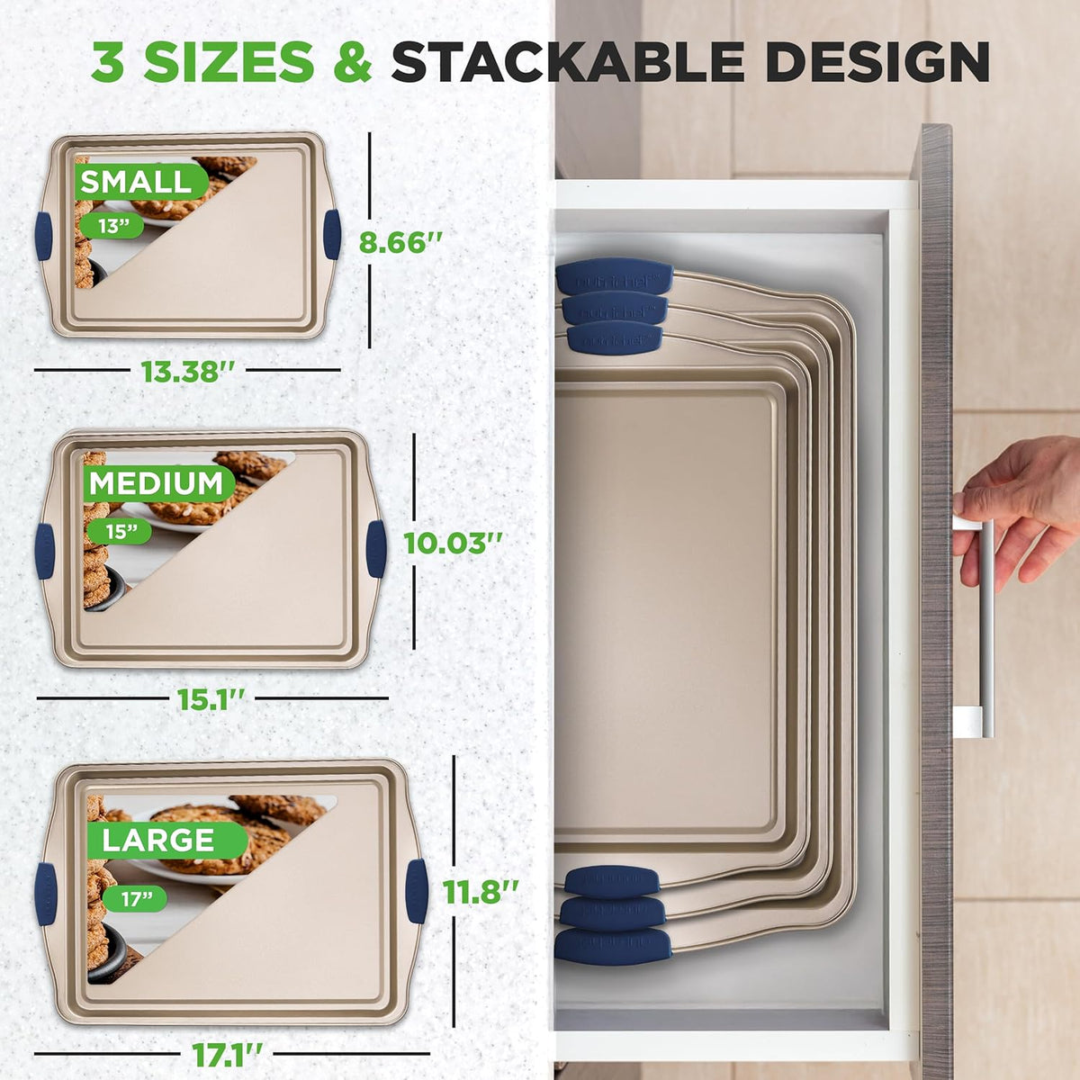 NutriChef 3-Piece Nonstick Bakeware Set - Premium Carbon Steel Oven Baking Trays w/Blue Silicone Handles - Small, Medium & Large Cookie Sheet Pans - PFOS, PFOA, PTFE-Free, Easy to Clean