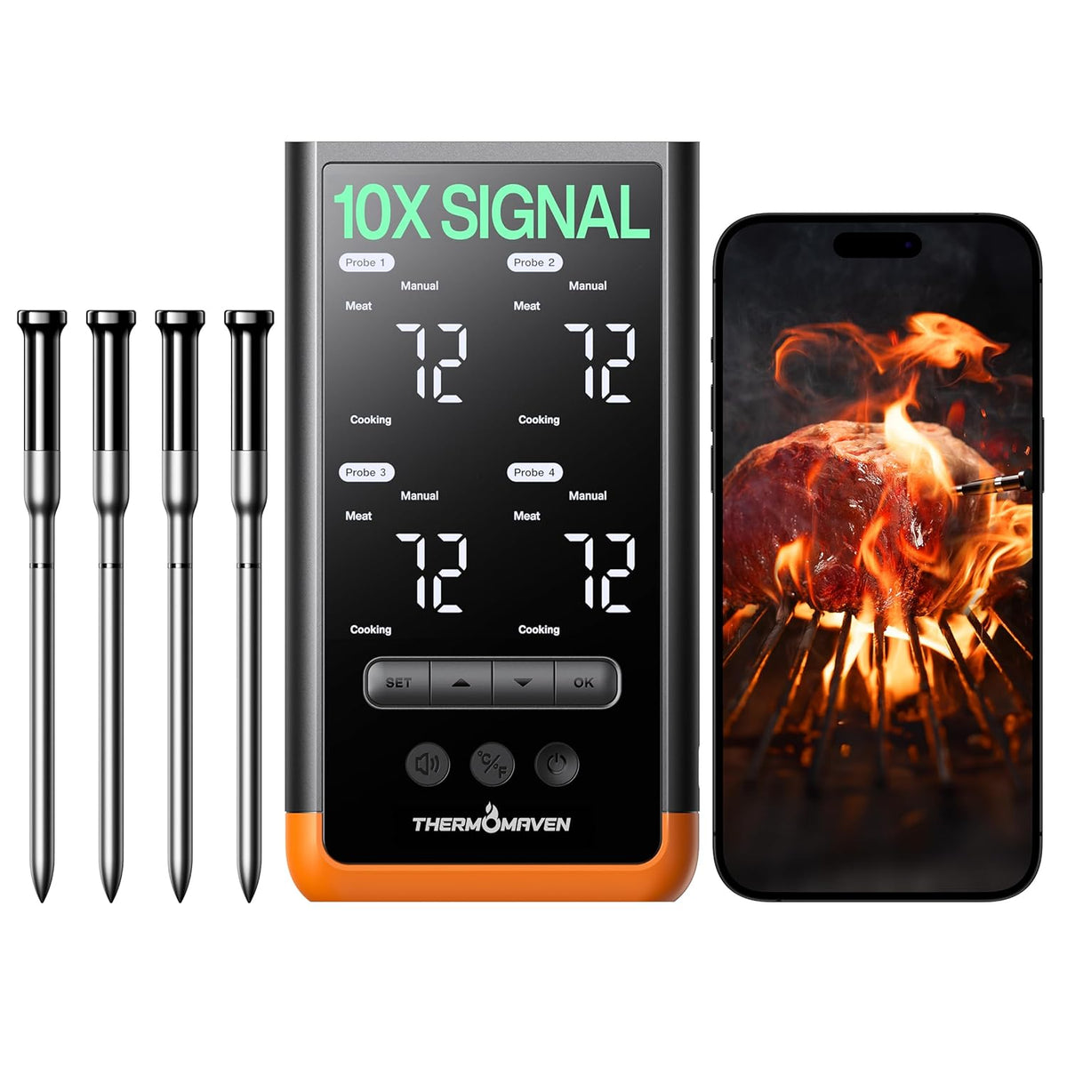 Wireless Bluetooth Smart Meat Thermometer: Standalone Base, WiFi Thermometer with Sub-1G, 6 Sensors NIST Certified Accuracy, 4 Probes, for Kitchen, BBQ, Grill, Oven, Smoker, Rotisserie