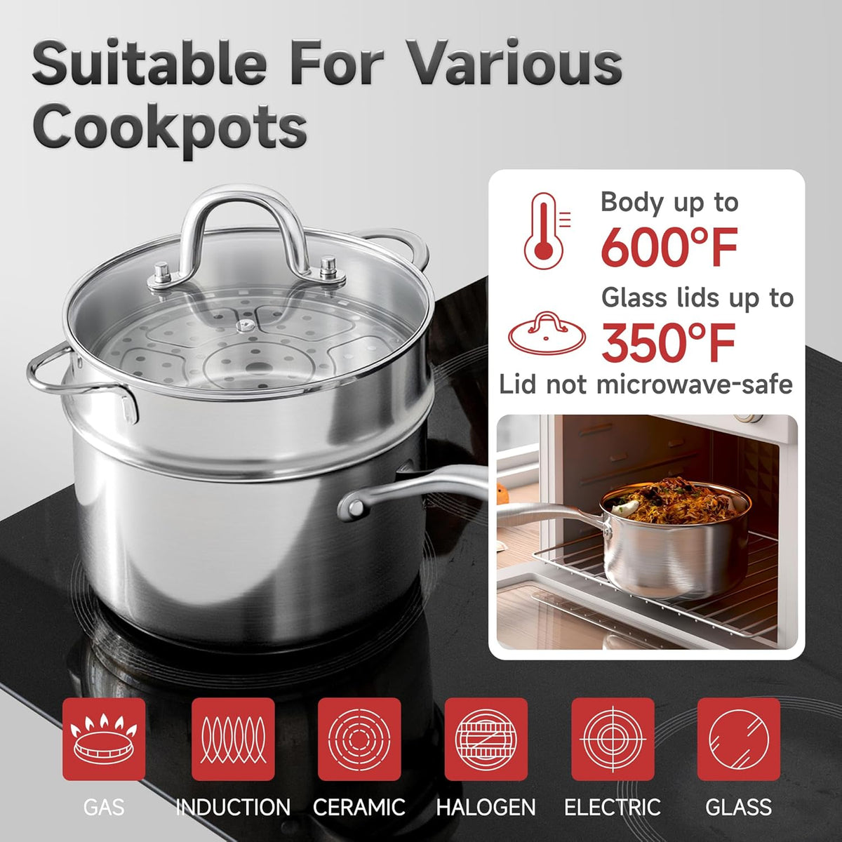 2.5 Quart Stainless Steel Saucepan with Steamer Basket, Tri-ply Full Body, Multipurpose Sauce Pot with Two-Size Drainage Holes Lid, Perfect For Boiling Gravies, Pasta, Noodles