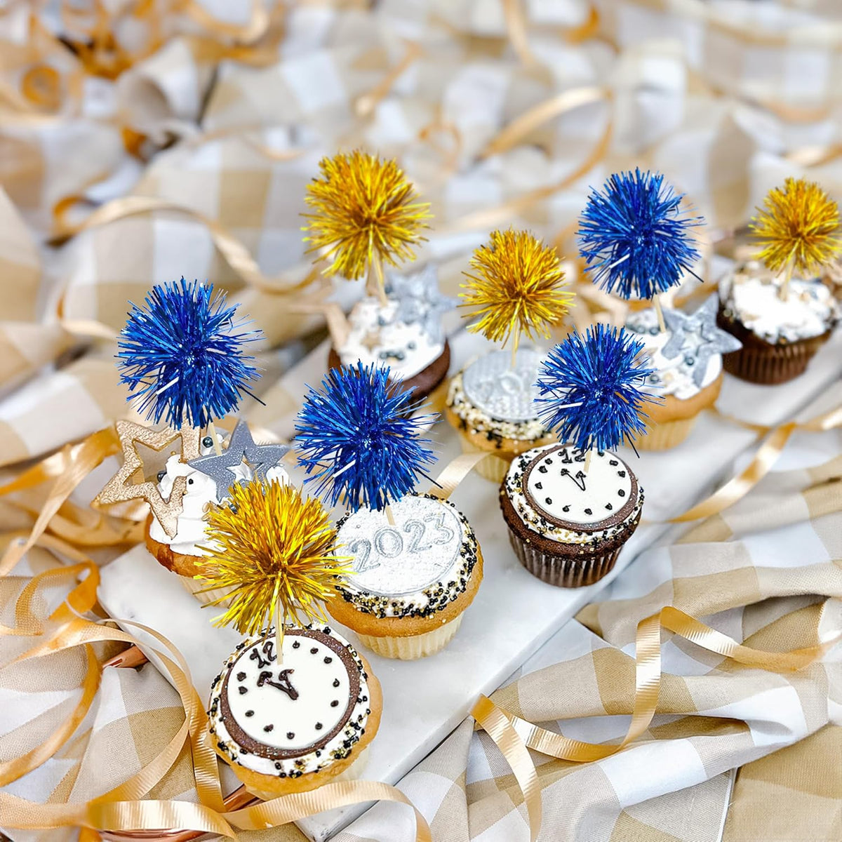 Gyufise 30Pcs Foil Firework Cupcake Toppers Sparkle Tinsel Cake Toppers Tinsel Drink Cake Decoration Cocktail Picks for Birthday Wedding Graduation Party Supplies Gold Dark Blue