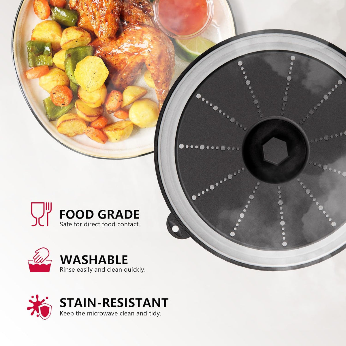 WVM Microwave Splatter Cover & Mat, Vented Collapsible Splatter Guard dish Plate lid & Silicone Round Kitchen Mat for Food, Meal Prep, Black