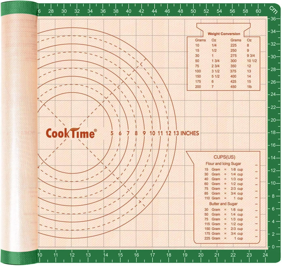 Silicone Pastry Baking Mat Non Stick-Large Rolling Dough with Measurements-Non Slip Pizza,Fondant,Pie,Cake Baking Mat - 26 x 16 Inch By Cook Time(Green)