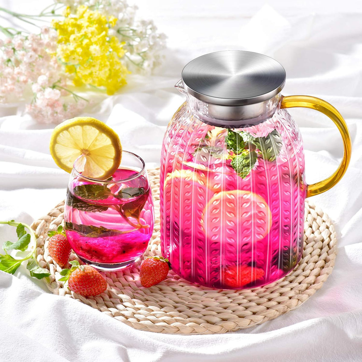 Aofmee 60oz Glass Pitcher, Water Pitcher with Lid, Iced Juice Jugs for Fridge, Glass Carafe for Cold or Hot Beverages, Sun Tea Jar, Easy Clean Heat Resistant Glass Jug for Milk