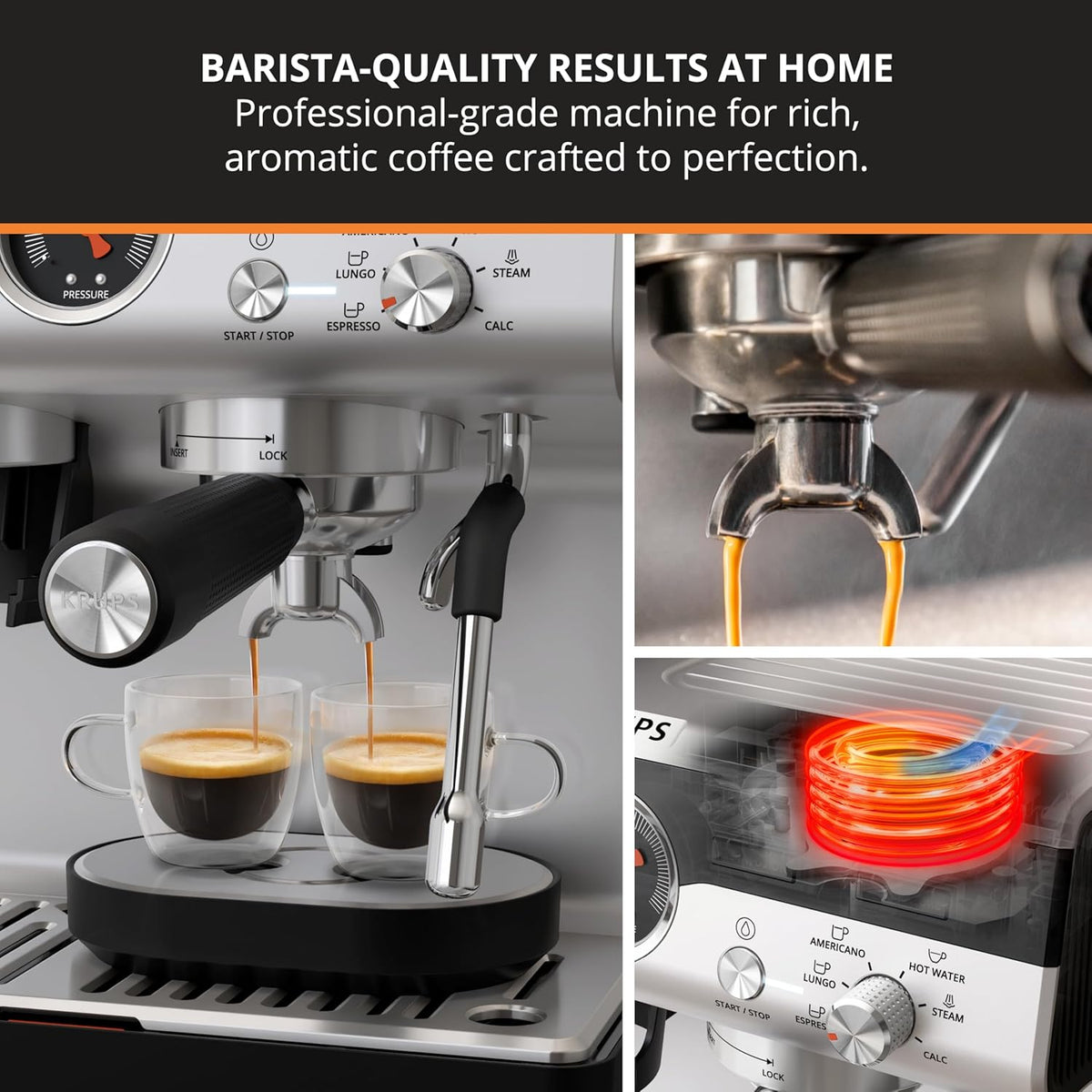 KRUPS Precision Espresso Coffee Machine with Grinder, Latte & Cappuccino Maker, Pump Pressure + Milk Frother Steam Wand, Adjustable Grind Settings for Barista-Quality Results, Stainless Steel & Black