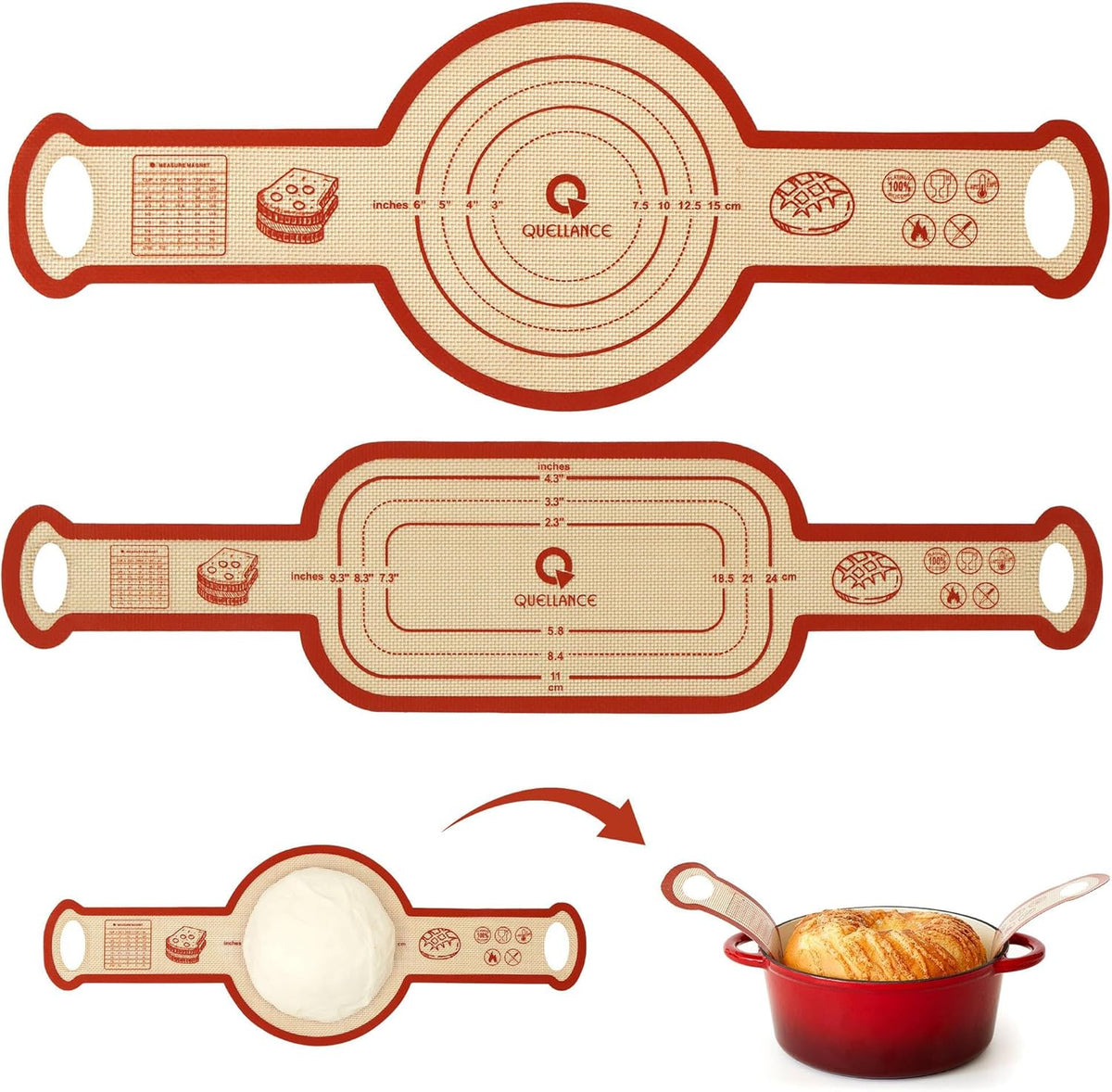 Silicone Sourdough Bread Sling Mat - 2Set Oval Round Dough Baking Slings for Dutch Oven, NonStick High Degree Kitchen Sour Cookie Making Loaf Pan Lifter Liner, Reusable Transfer Mats With Long Handles