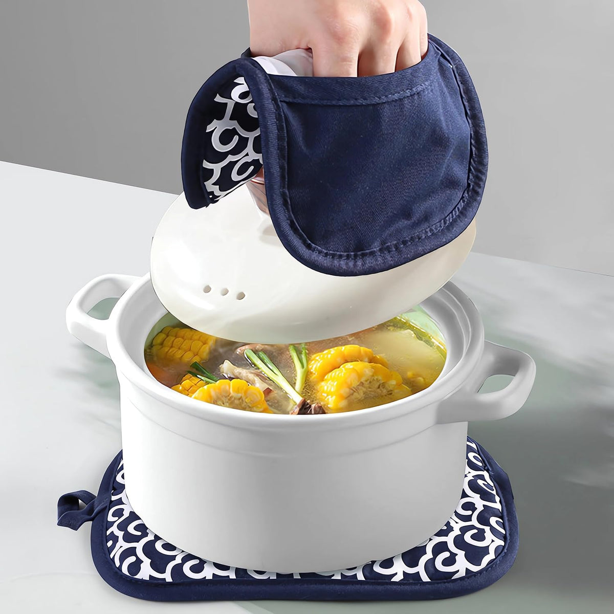 2 Pcs Pot Holders Sets for Kitchen Heat Resistant Oven Hot Pads with Pockets Non Slip Soft Grip Potholders for Baking Cooking (Blue2, 9.44 in X 7.0 in)