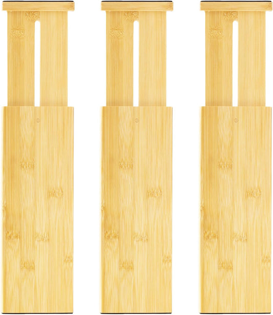 VaeFae 3 Pack Bamboo Drawer Dividers, 4" High Adjustable 11.9-17.1" Clothes Drawer Organizers, Expandable Separators for Bedroom/Bathroom/Kitchen/Office Storage