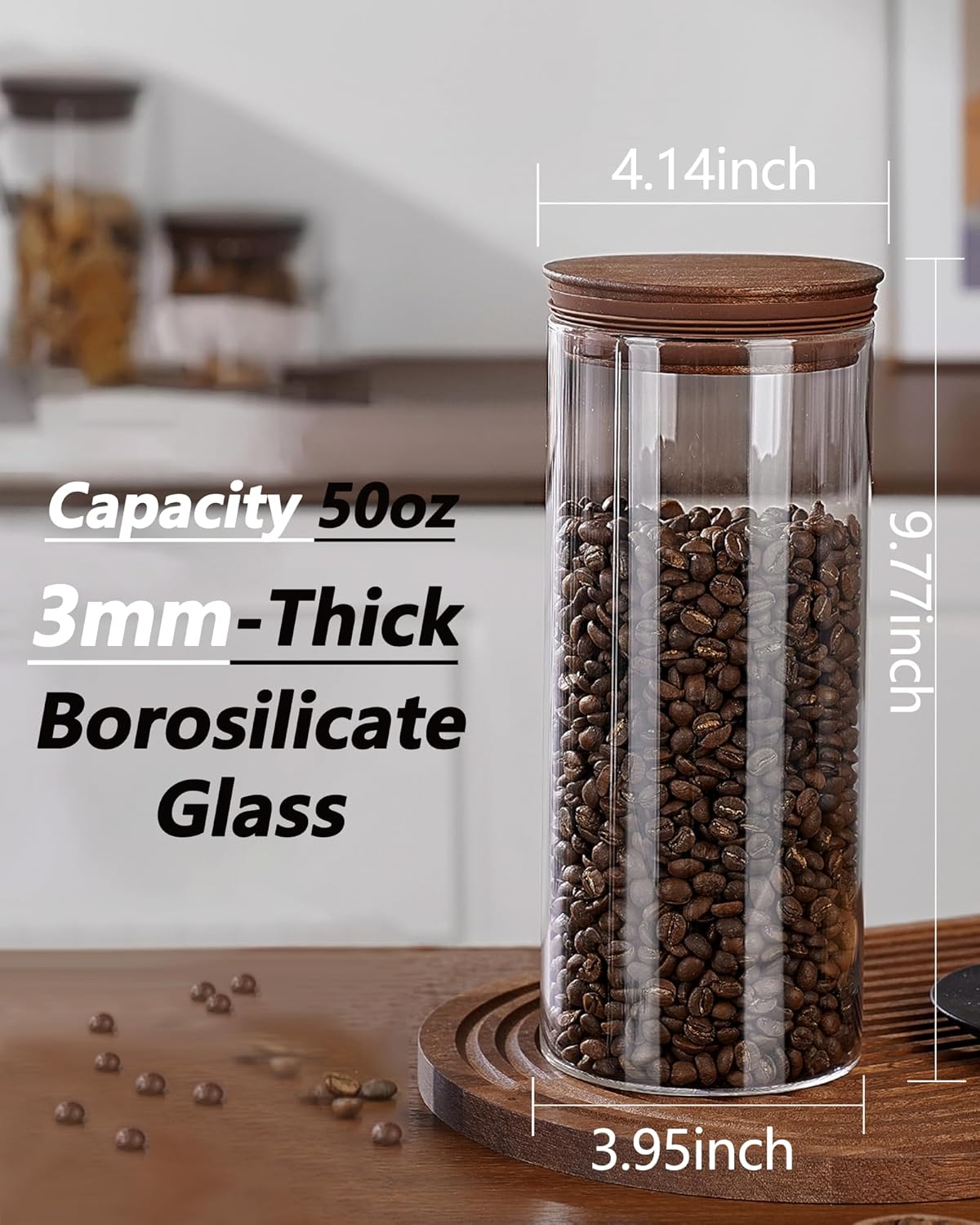 50 oz Coffee Canister with Scoop and Wooden Lids, Airtight Glass Coffee Jars Set of 2 for Ground Coffee, Coffee Beans Storage Container with Lids for Kitchen Brown Sugar, Coffee Bar