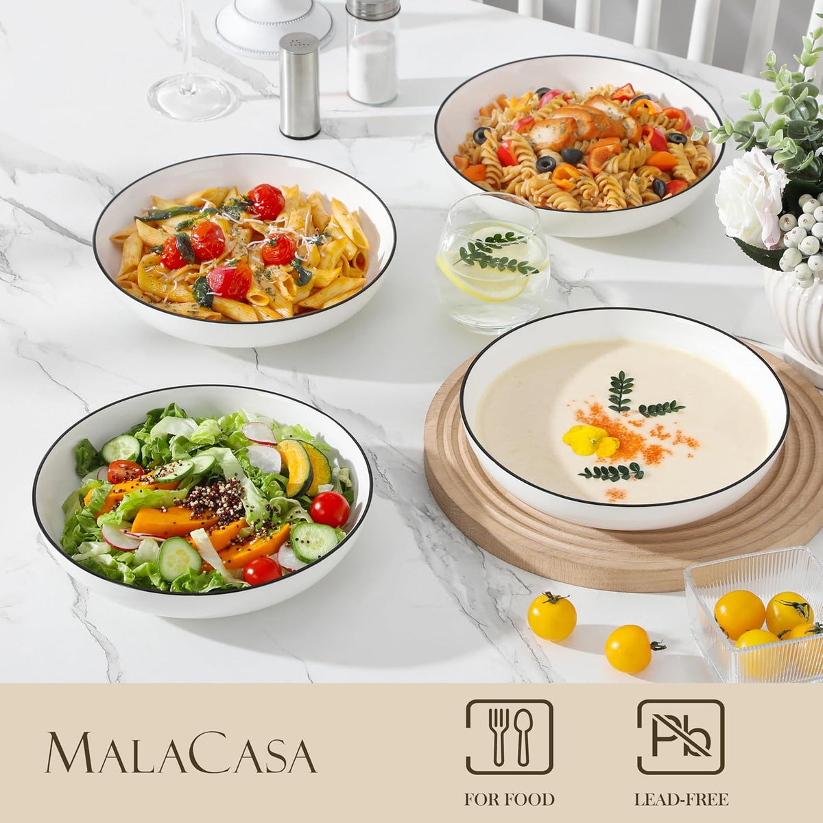 MALACASA 8.85" Large Pasta Bowls, 42 OZ White Salad Bowls Soup Bowls, Porcelain Serving Bowls Set of 4, Ivory White & Black Rim, Microwave & Dishwasher Safe, Series REGULAR