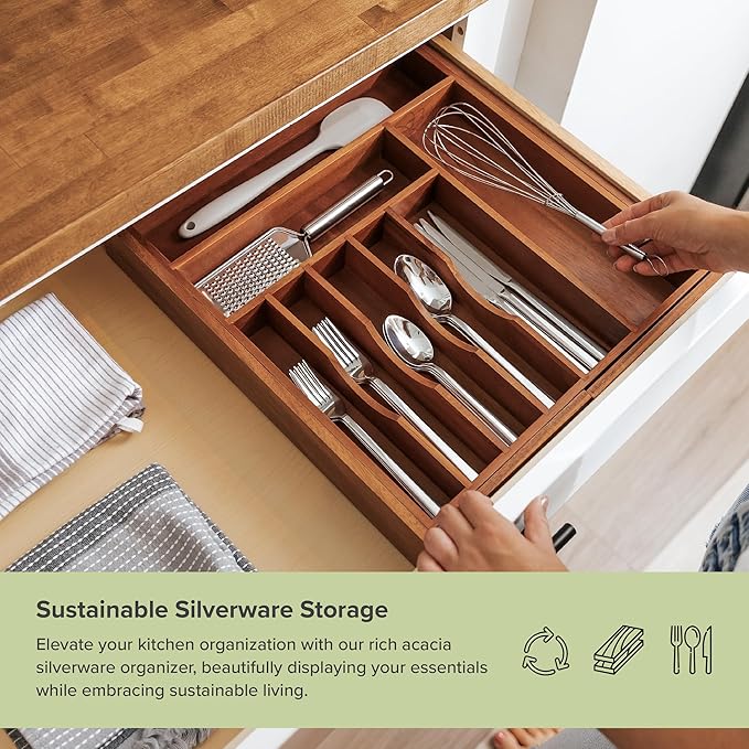 Premium Silverware, Flatware and Utensil Organizer for Kitchen Drawers, Food-Safe Contract Grade, Expandable from 16 to 28 In, Natural Acacia