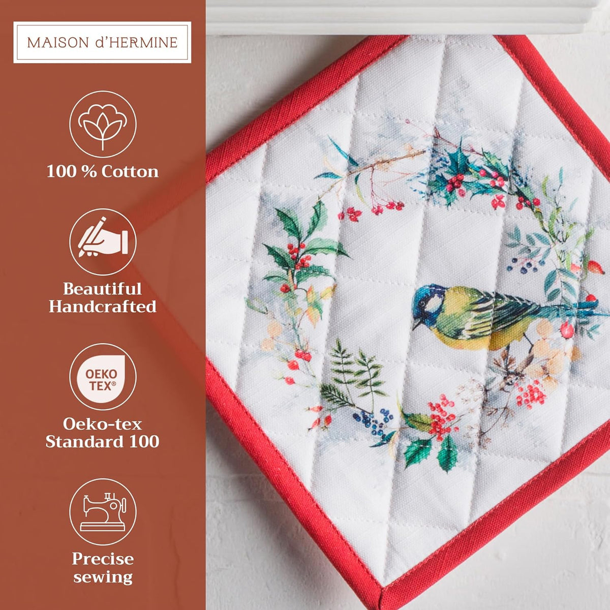 Maison d' Hermine Pot Holders 100% Cotton Heat Resistant Potholders 8" x 8" Hot Pads with Loop BBQ, Cooking, Baking, Grilling, Kitchen, Handling Hot Pans (Pack of 1, Morzine)