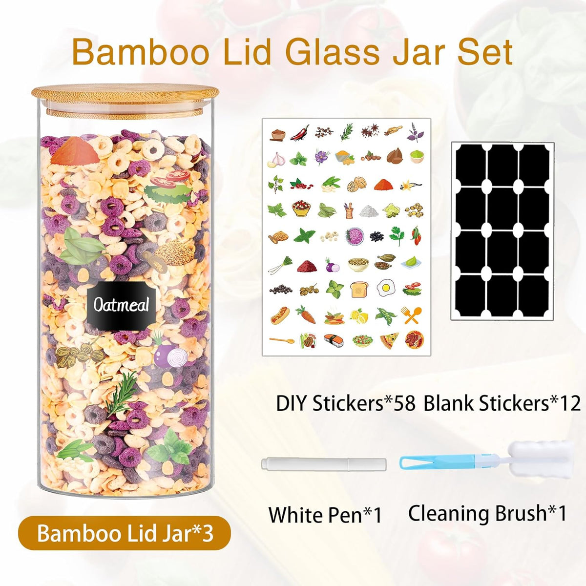 Glass Jars with Bamboo Lids, 58 oz 3 Pcs Kitchen Glass Containers with Bamboo Lids, Airtight Glass Pantry Storage Containers with Lids for Rice, Flour, Nuts, Cookie, Pasta, Oatmeal, Bean