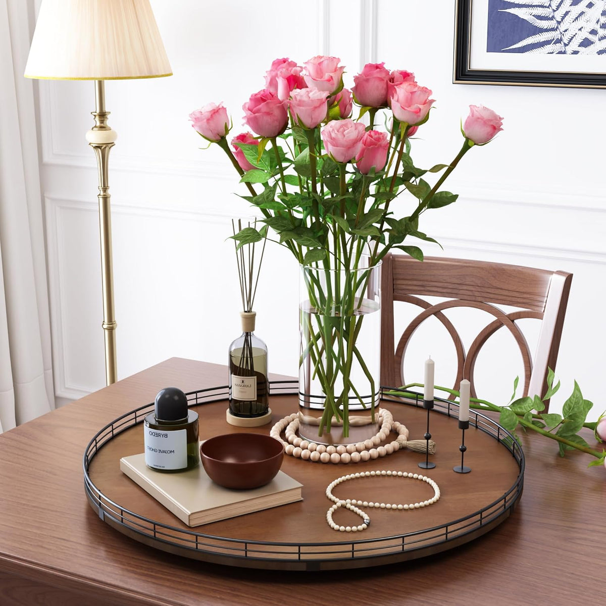 Farmhouse Oak 24" Lazy Susan Turntable Organizer for Cabinet, Round Wooden Lazy Susan Organization and Storage for Dining Table, Pantry, Kitchen, Countertop, Cupboard,Home Decor, Walnut