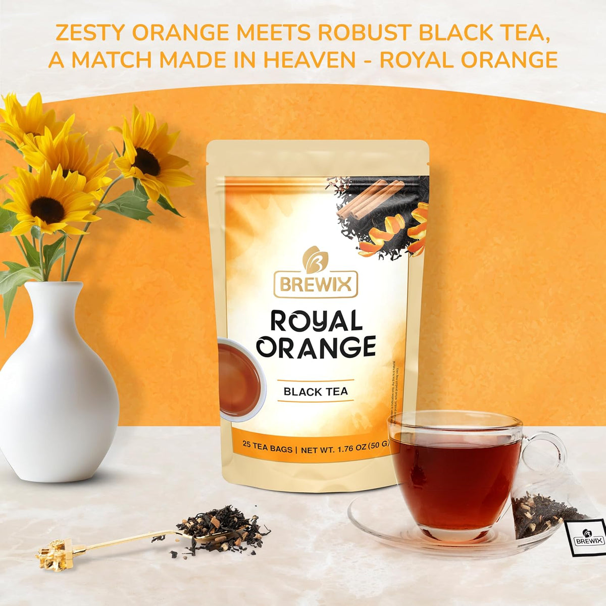 BREWIX, Royal Orange Spice Black Tea (25 Pyramid Tea Bags) | Premium Caffeinated Blend with Zesty Orange & Warming Spices | Warming Winter Blend Perfect for the Holidays | Iced Tea Bags | Sugar-Free