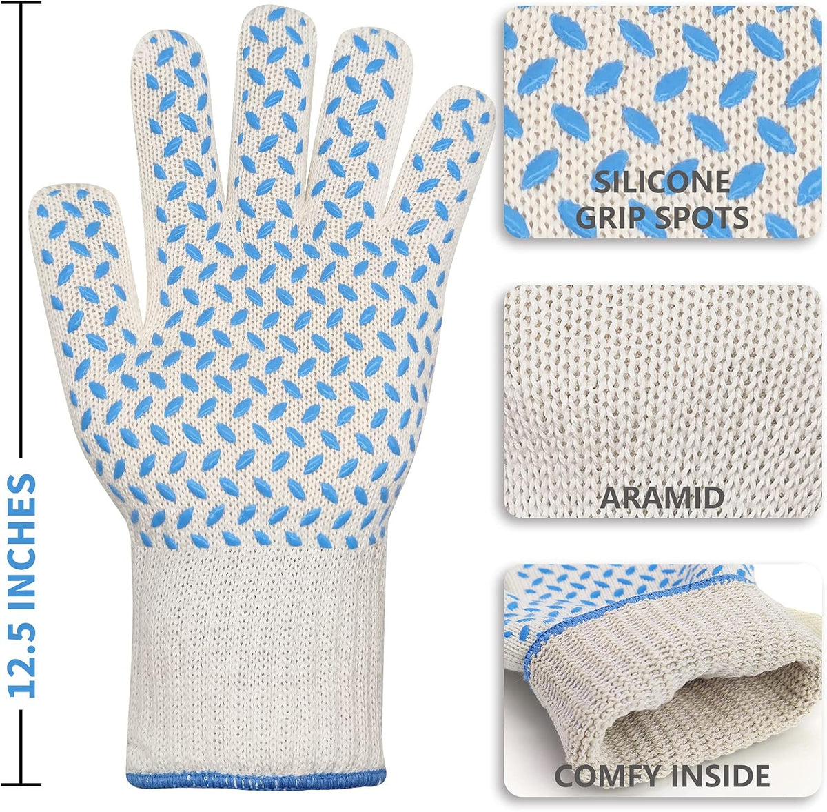 DEYAN Heat Resistant Oven Gloves 932°F | Silicone Non-Slip Mitts with Fingers | Flexible for Baking, BBQ, Grilling | Machine Washable (White, 1 Pair)