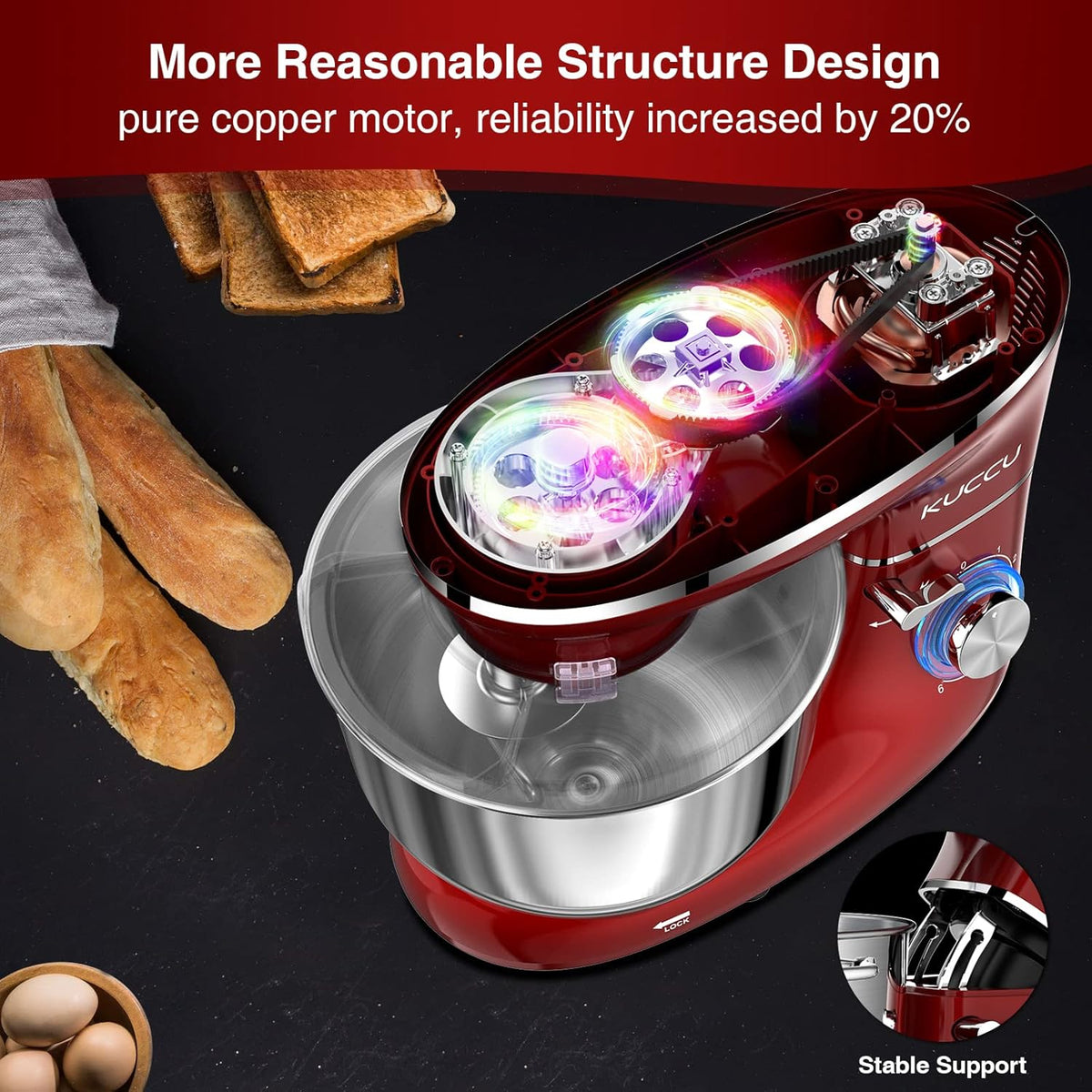 Stand Food Mixer, 6.5 Qt 660W, 6-Speed Tilt-Head , Kitchen Electric Mixer with Stainless Steel Bowl,Dough Hook,Whisk, Beater, Egg white separator (6.5-QT, Red)